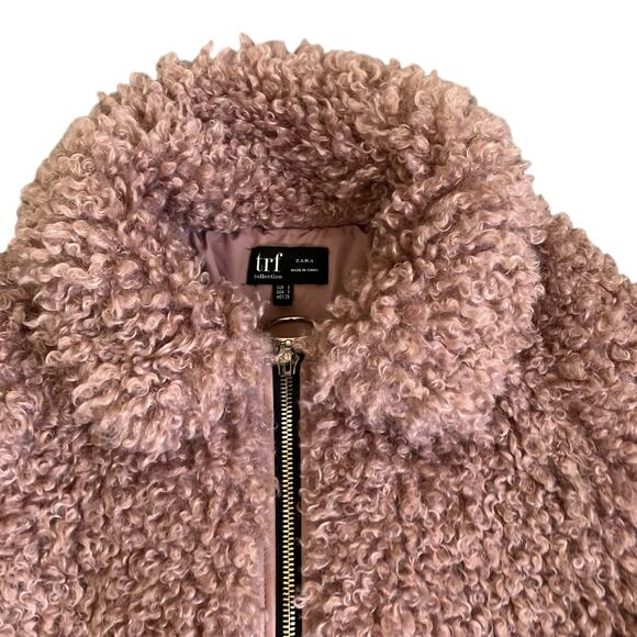 Zara TRF Sz S Faux Shearling Bomber Jacket in Mauve Fuzzy Zip-up Boho Warm - Picture 9 of 16